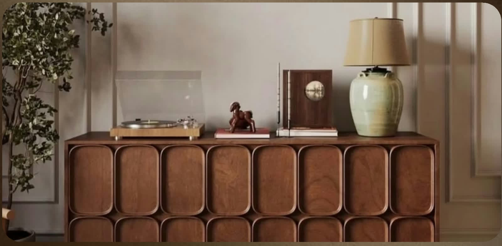 Living room sideboard and panelled wall